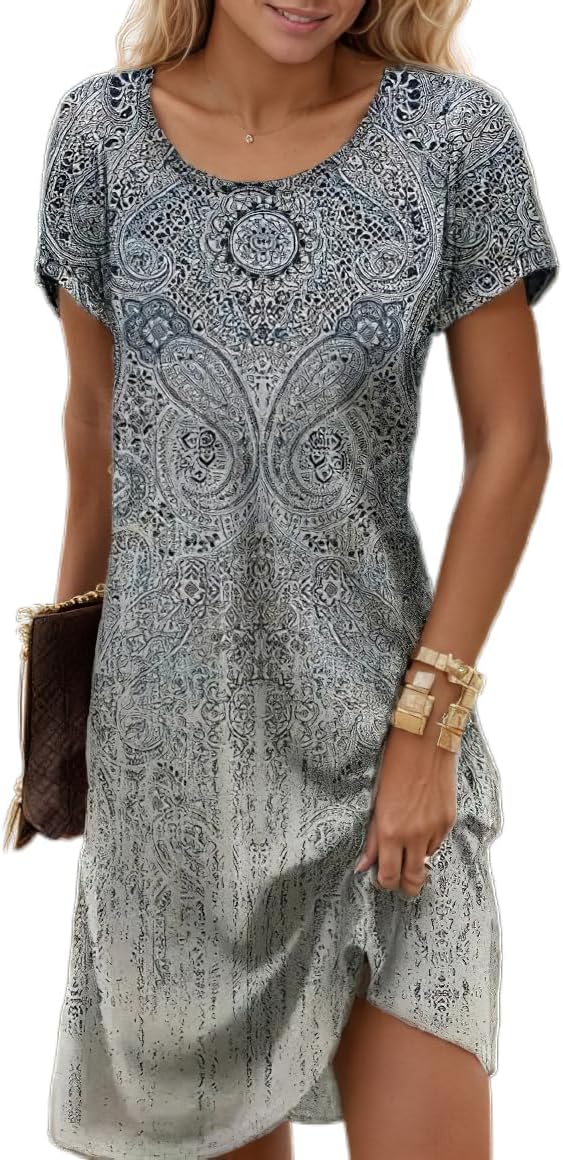 Women's Boho Floral Flowy Midi Dress Casual Loose Summer Short Sleeve Crewneck Tshirt Dresses