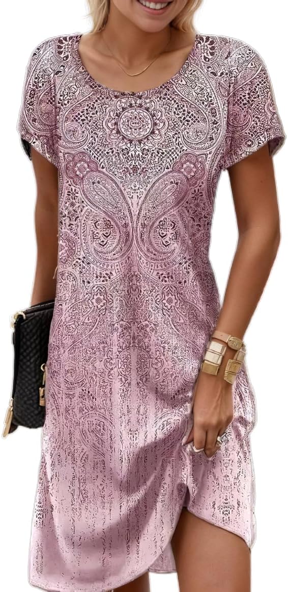 Women's Boho Floral Flowy Midi Dress Casual Loose Summer Short Sleeve Crewneck Tshirt Dresses