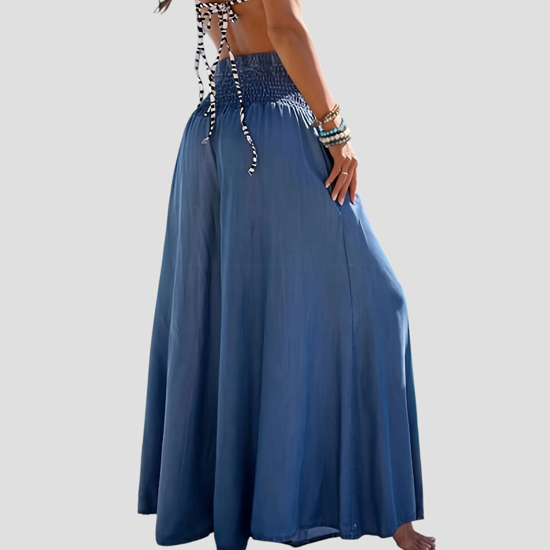 Women'S Casual Wide-Leg Flare Pants - Relaxed Fit, Light Blue, Perfect for Spring & Fall, Casual Attire|Flared Leg Pants|Shirred Detail