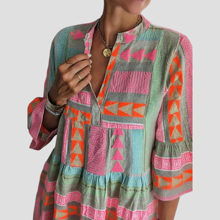 Giada – Abito Midi Colorato con Scollo a V e Maniche Svasate