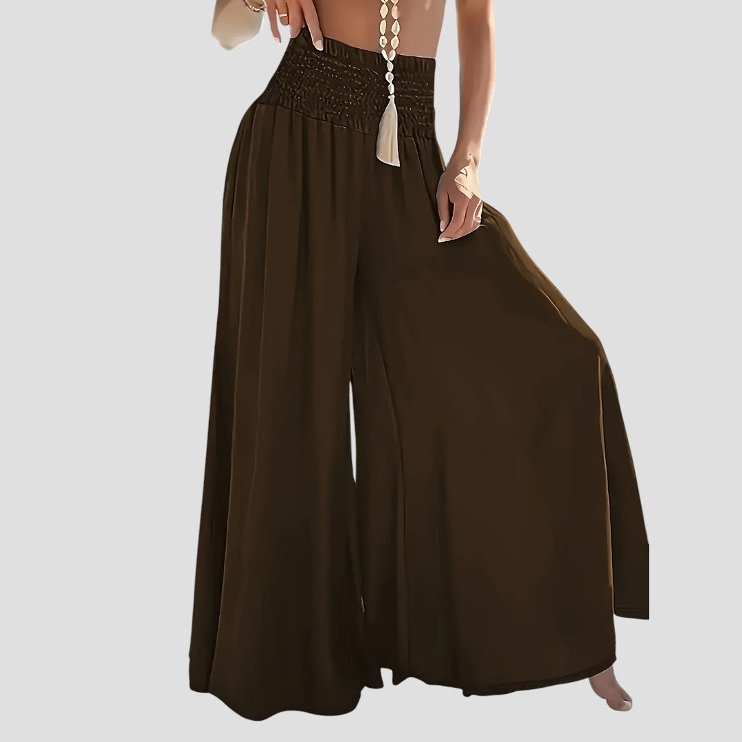 Women'S Casual Wide-Leg Flare Pants - Relaxed Fit, Light Blue, Perfect for Spring & Fall, Casual Attire|Flared Leg Pants|Shirred Detail