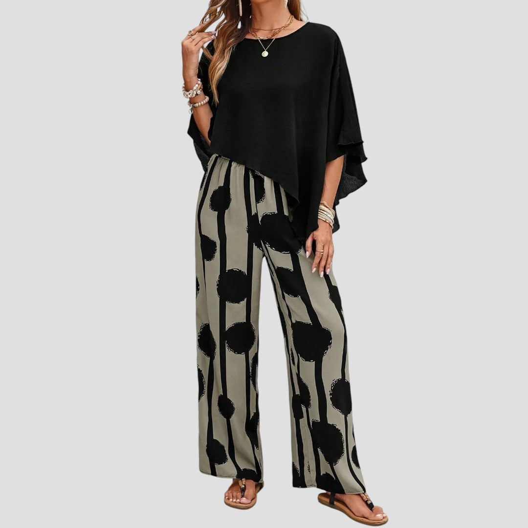 Milavie™ | Completo donna alla moda con top asimmetrico e pantalone stampato